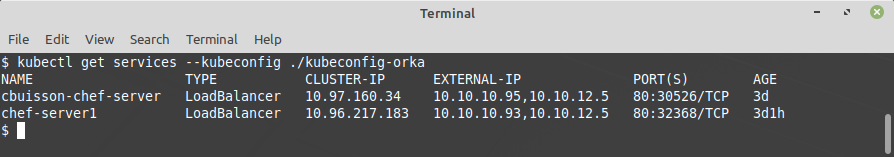Results of kubectl get services