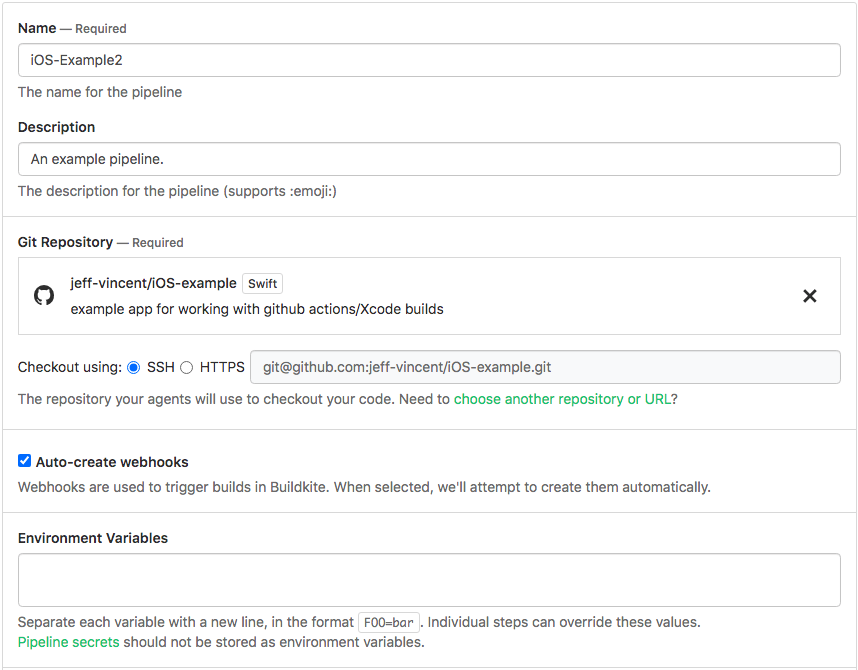 Buildkite screen showing the setup for a remote repository hosted on GitHub