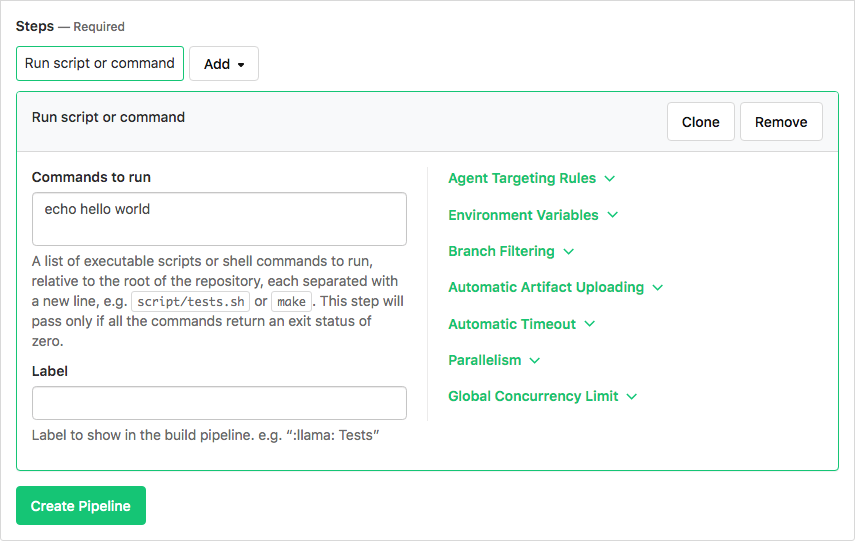 Buildkite UI defining the workflow for the build pipeline