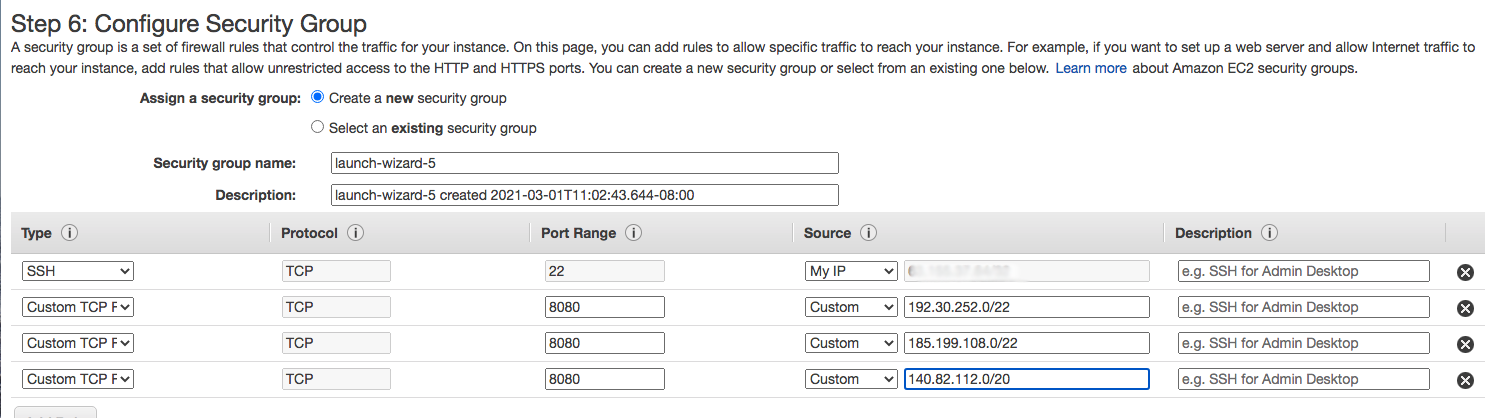 Screenshot of AWS Configure Security Group Page