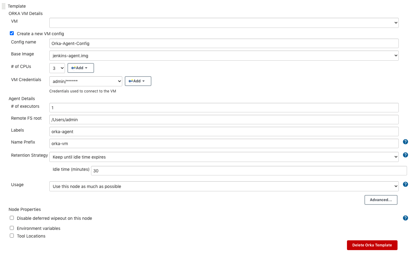 Screenshot of the Template screen in Jenkins for Orka