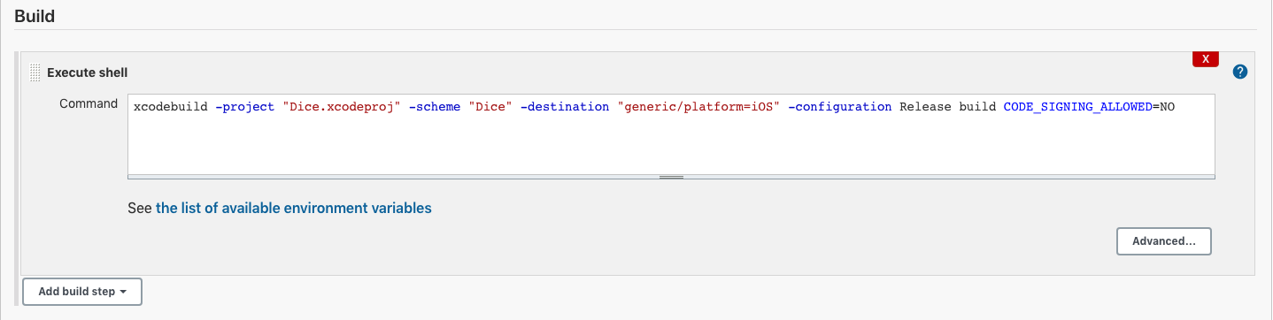 Screenshot of Jenkins execute shell prompt
