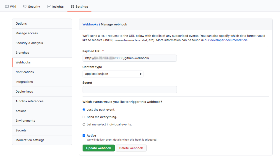 Screenshot of Github Webhook settings