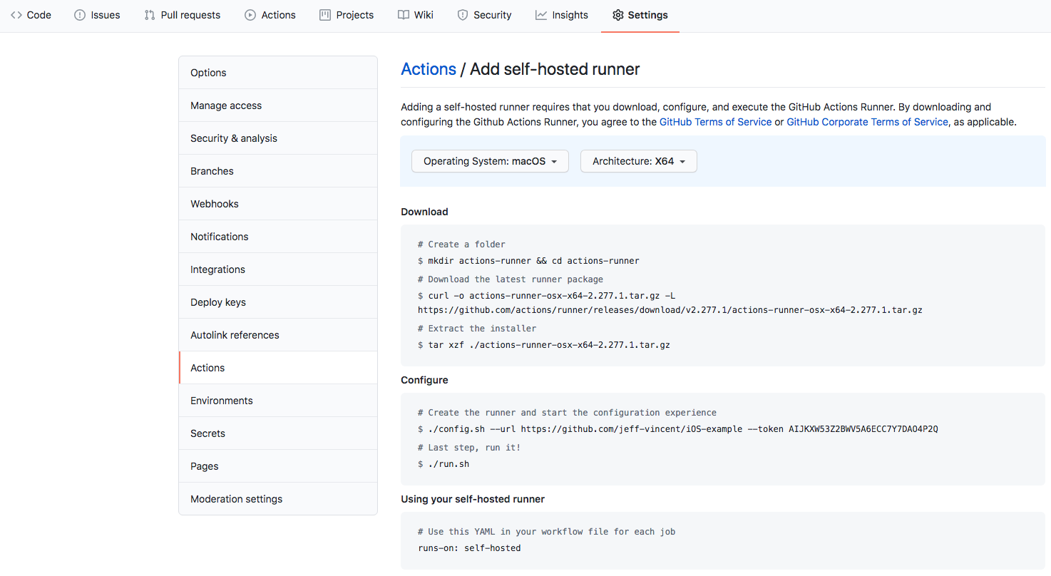 Github actions project settings tab screenshot