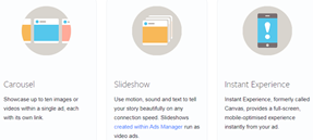 different ad formats for Facebook advertising carousel slideshow and instant experience