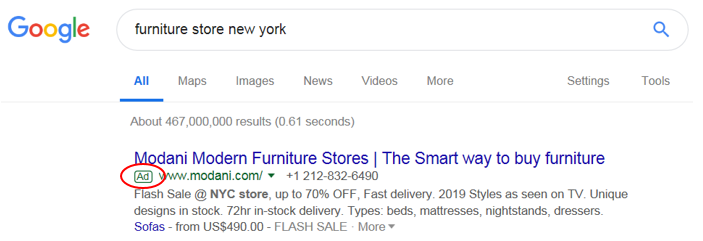 example of a Google text ad for a furniture store in New York Modani