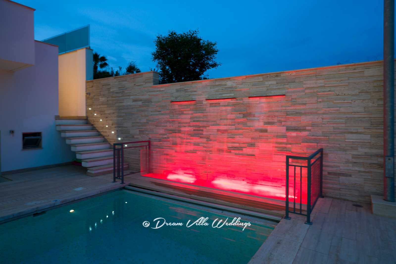 Waterfall wall with night time lights