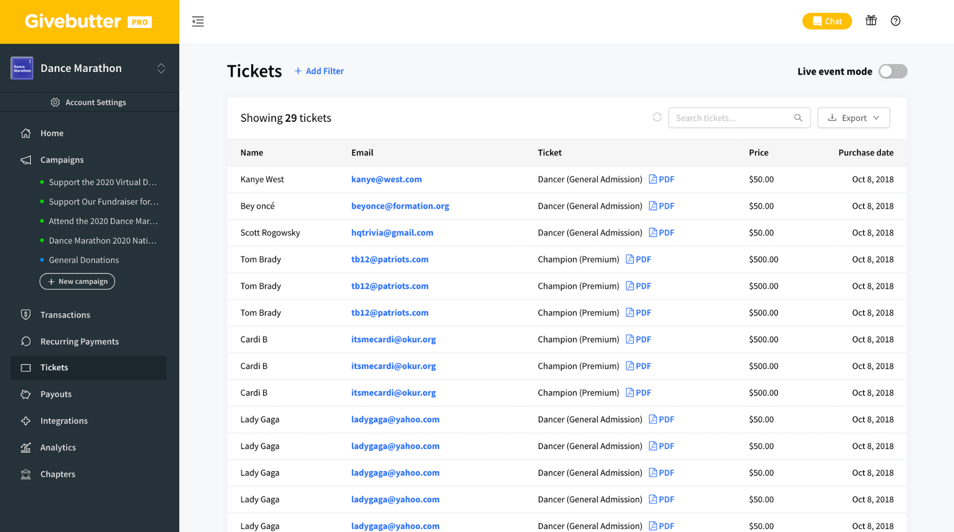 Givebutter Event Management Screenshot