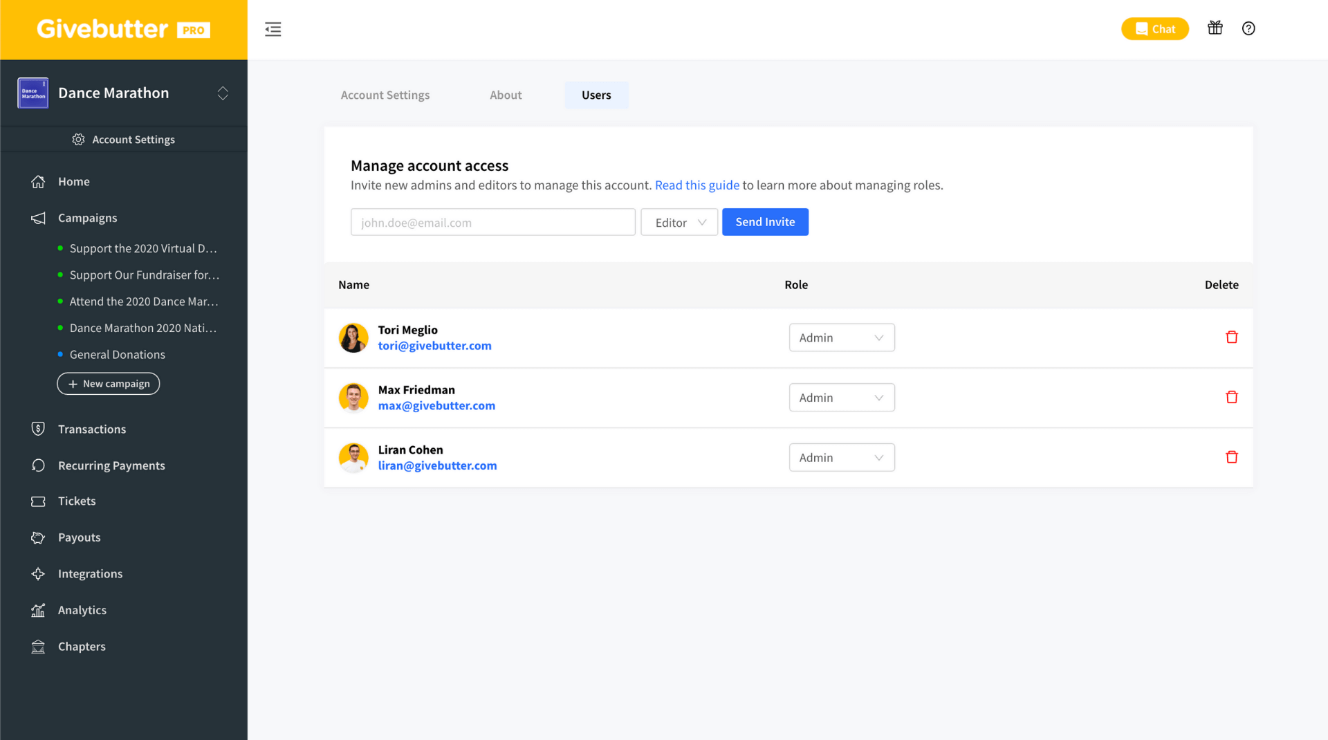 Givebutter roles website screenshot