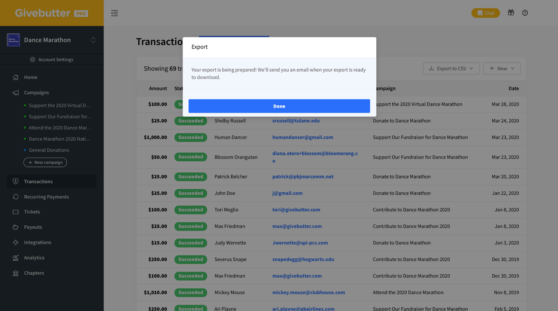 Givebutter export website screenshot