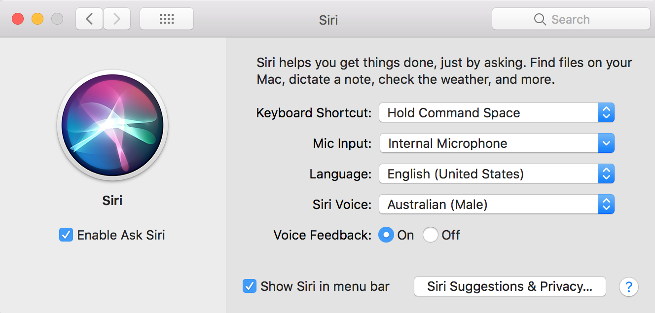 Siri Voice Settings on macOS
