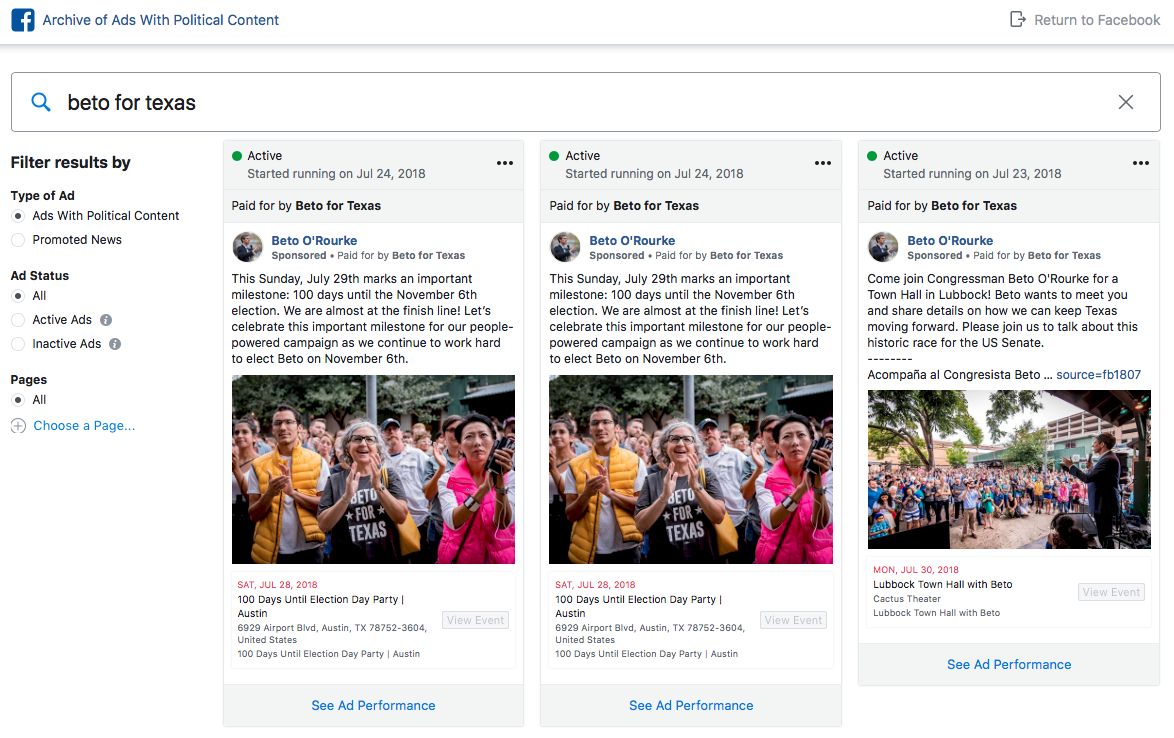 Beto For Texas ads in Facebook political advertising archive