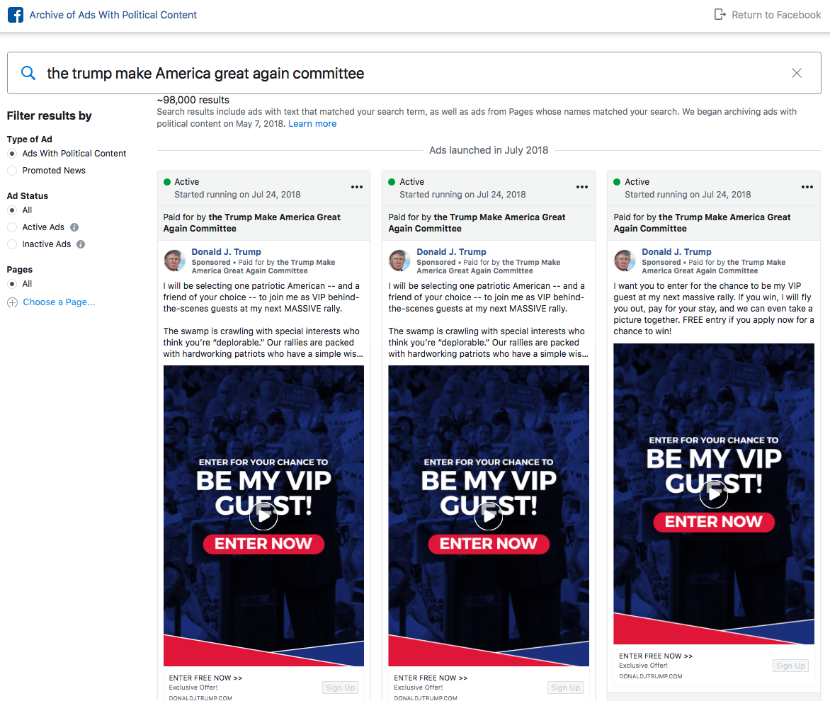 The Trump Make Amercia Great Again Committe ads in Facebook political advertising archive