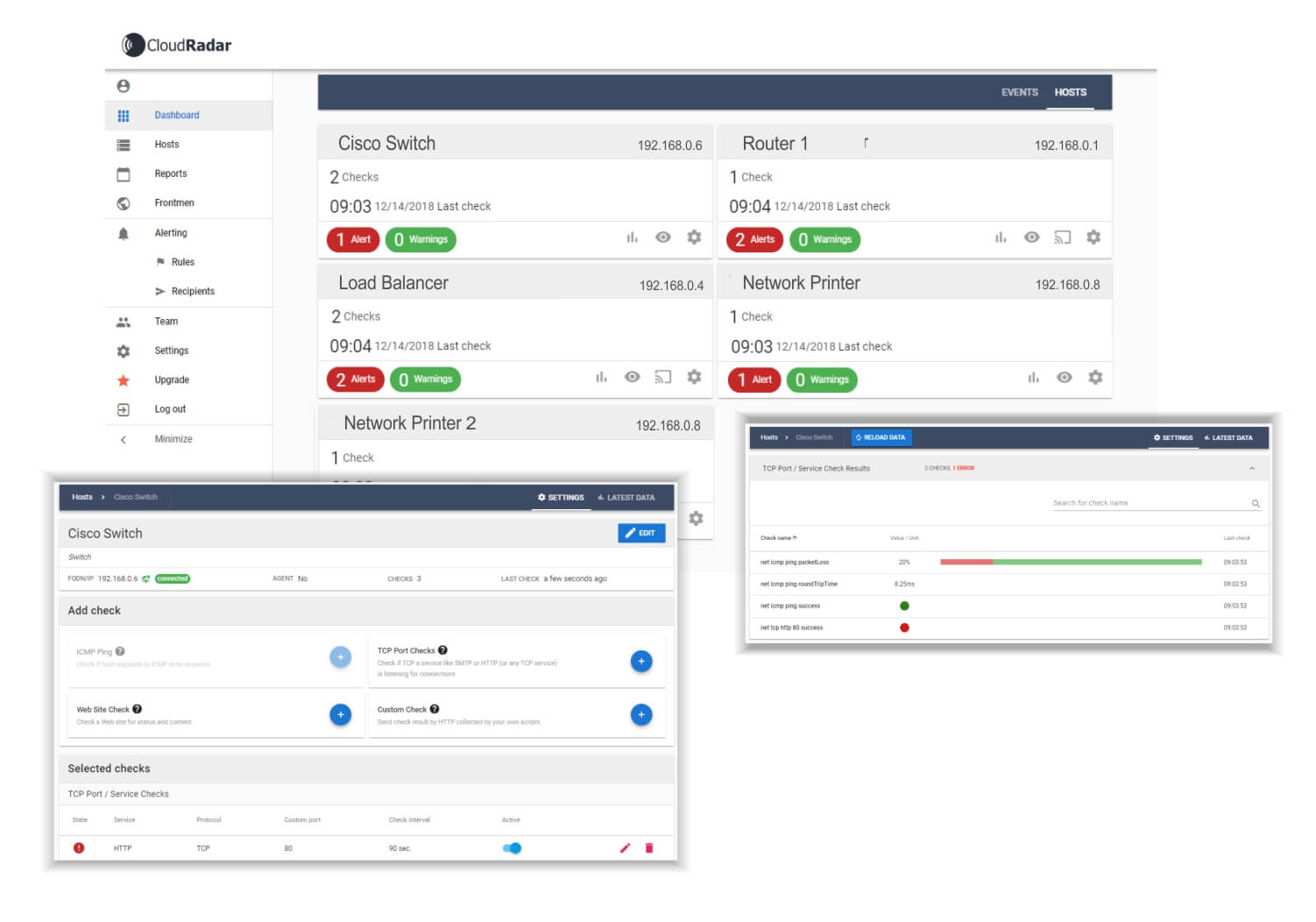 All network IP devices monitored with checks and alerts