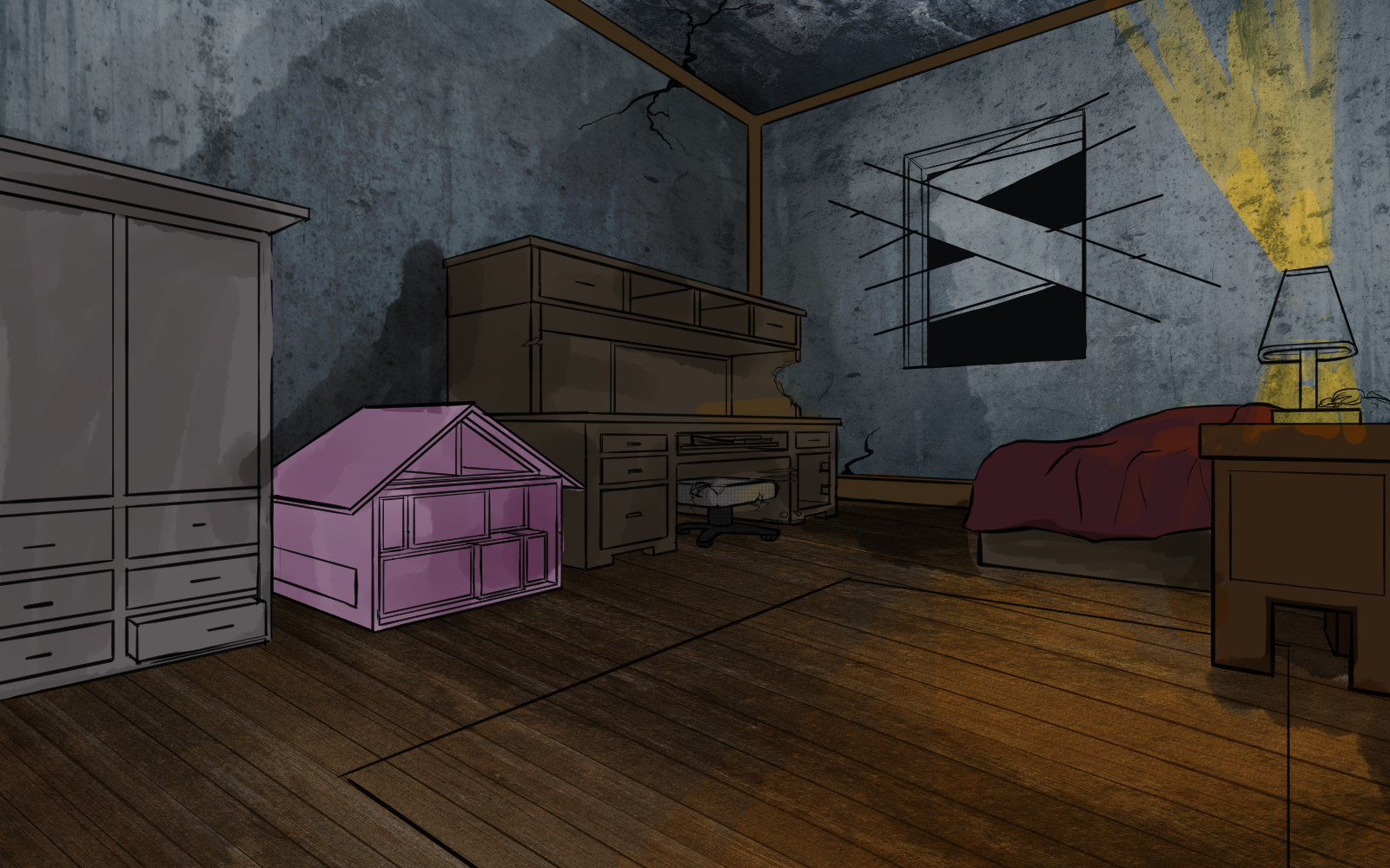 bedroom with boarded window and pink doll house video game