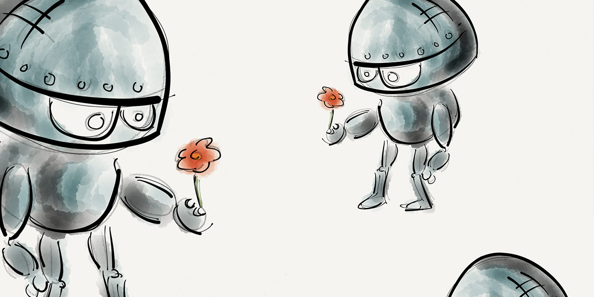 Two cartoon style robots offering flowers