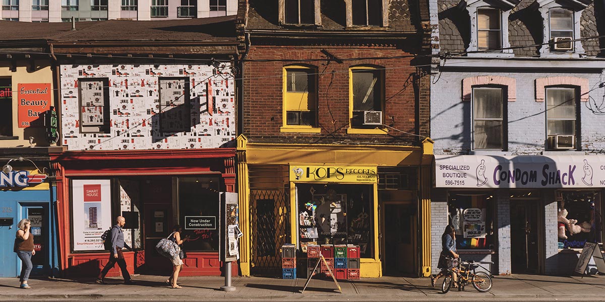 A selection of colourful shop fronts