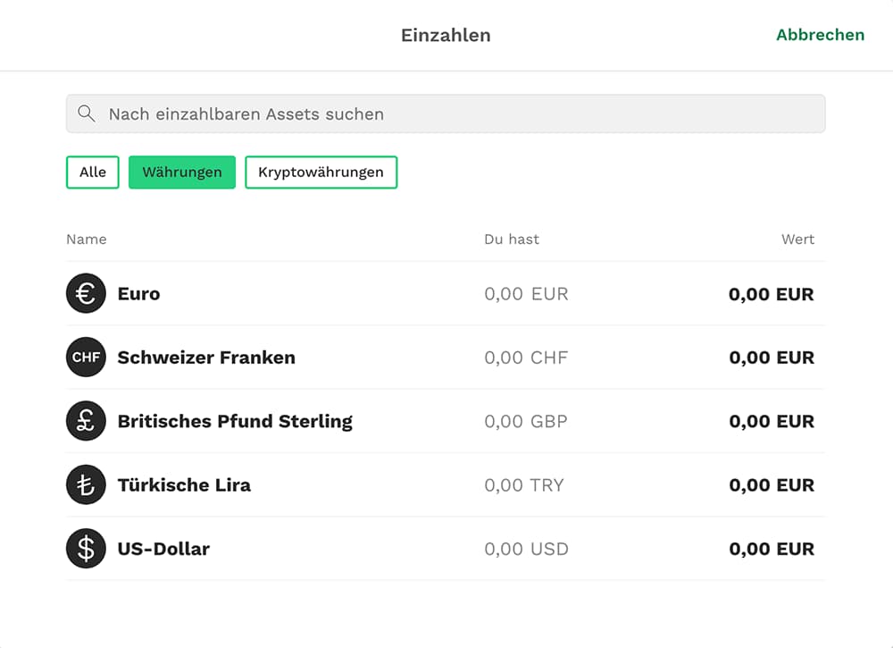 EUR auf Wallet einzahlen