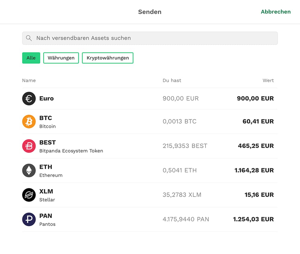 Auswahl Online Wallet
