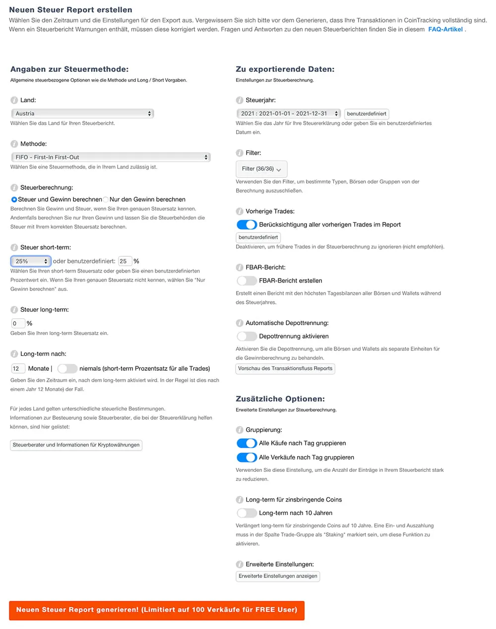Cointracking Steuerreport erstellen