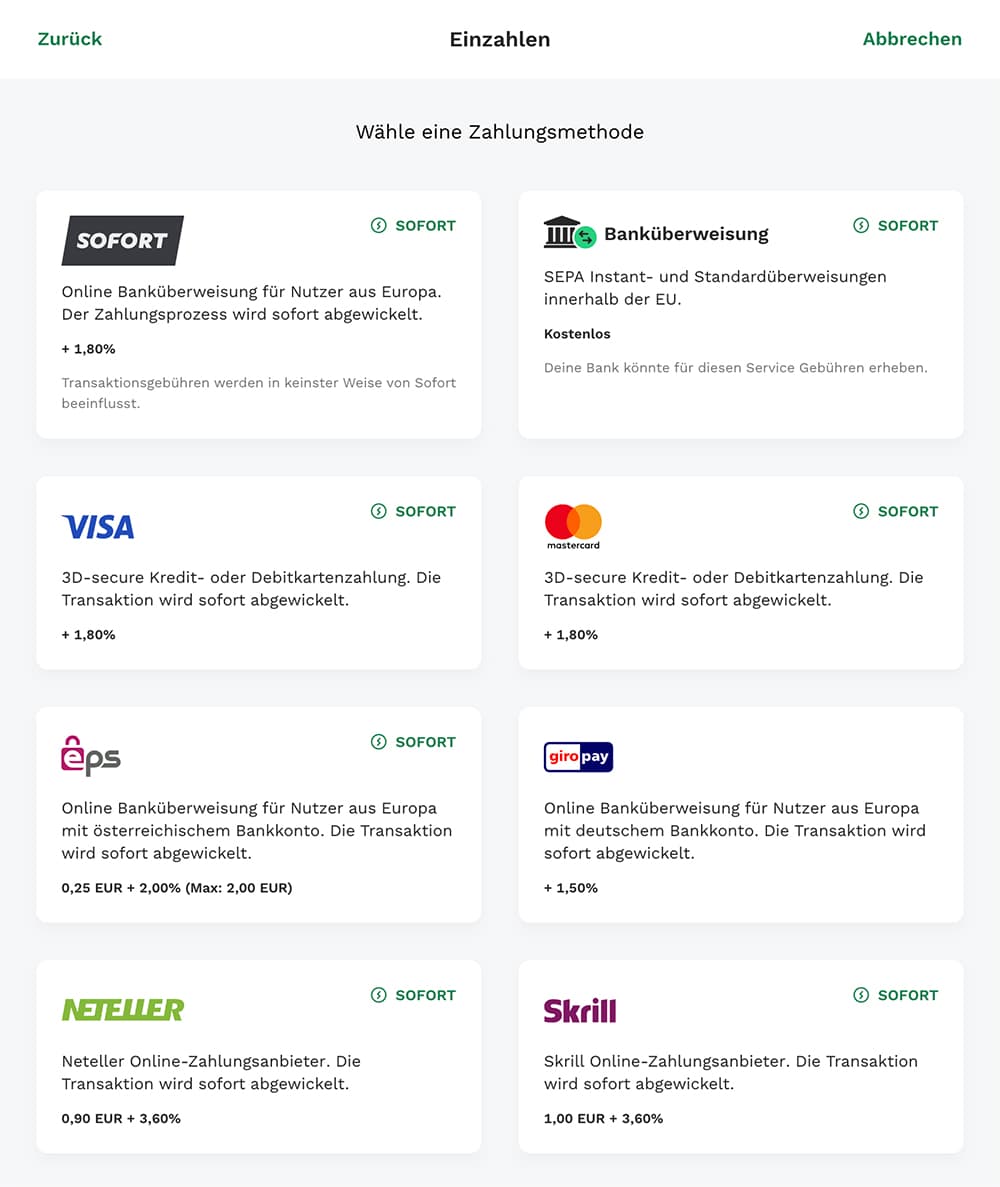 Zahlungsmethoden (Sofortüberweisung, SEPA, Kreditkarte)