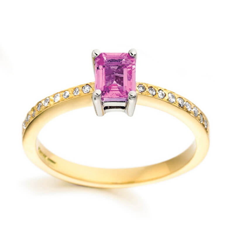 Pink sapphire and diamond ring in yellow gold