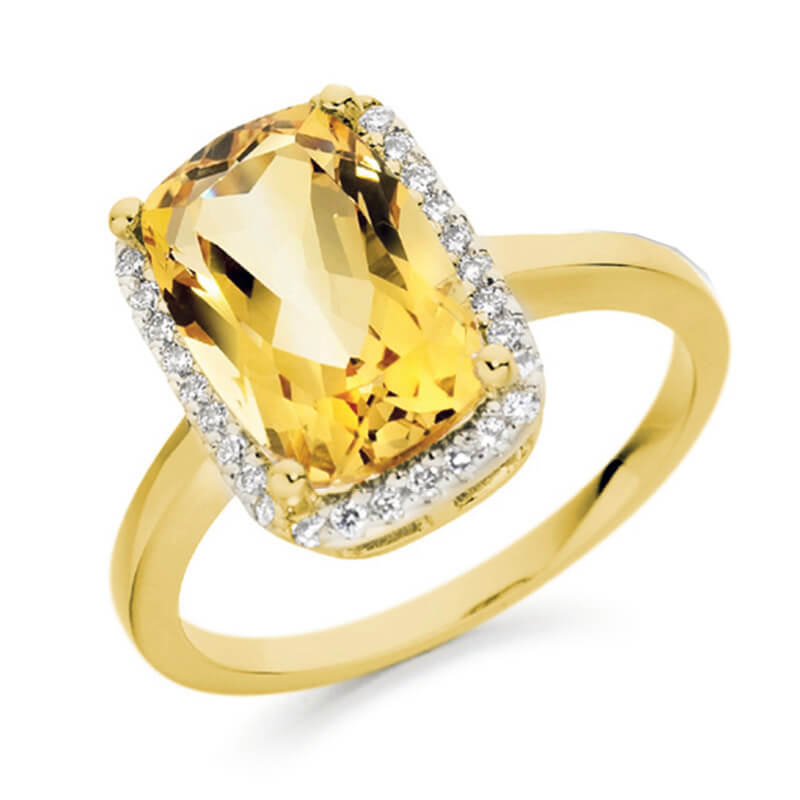 Citrine and diamond ring in yellow gold