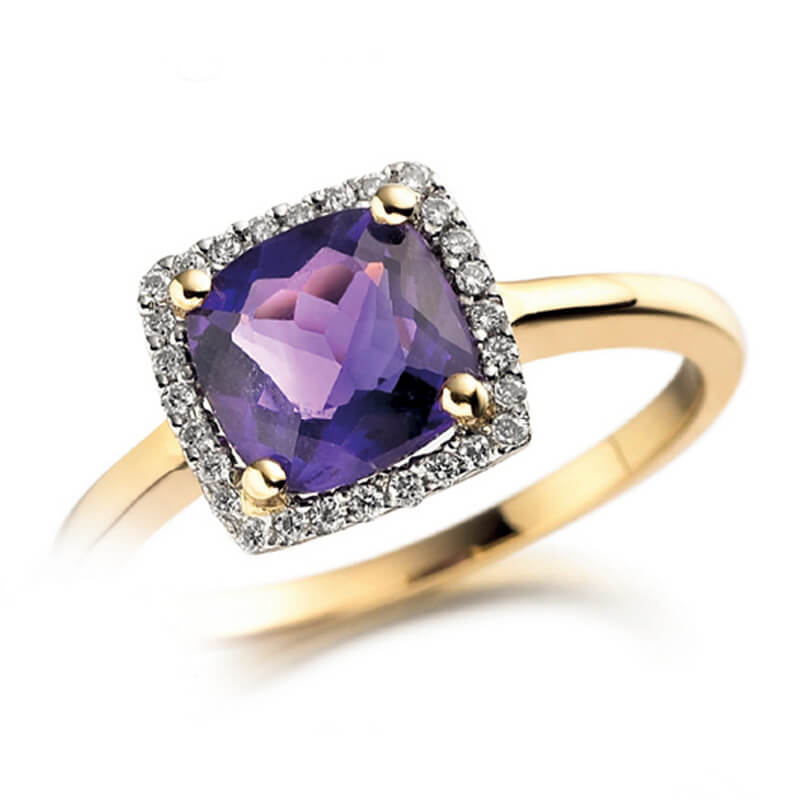 Amethyst and diamond ring in yellow gold