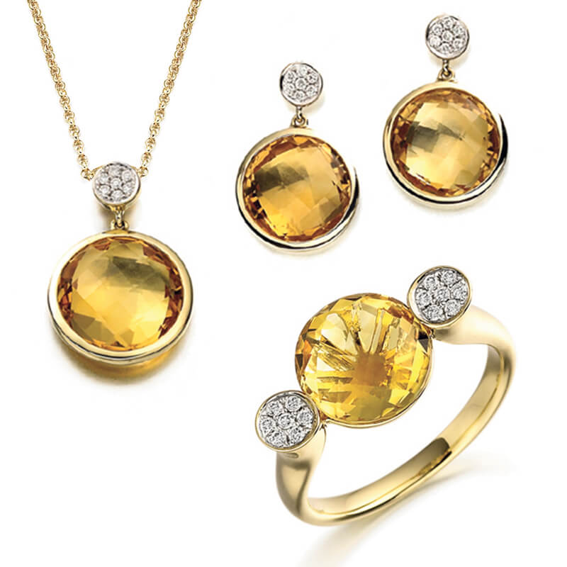 Jewellery suite of pendant, earrings and ring in yellow gold with gemstones