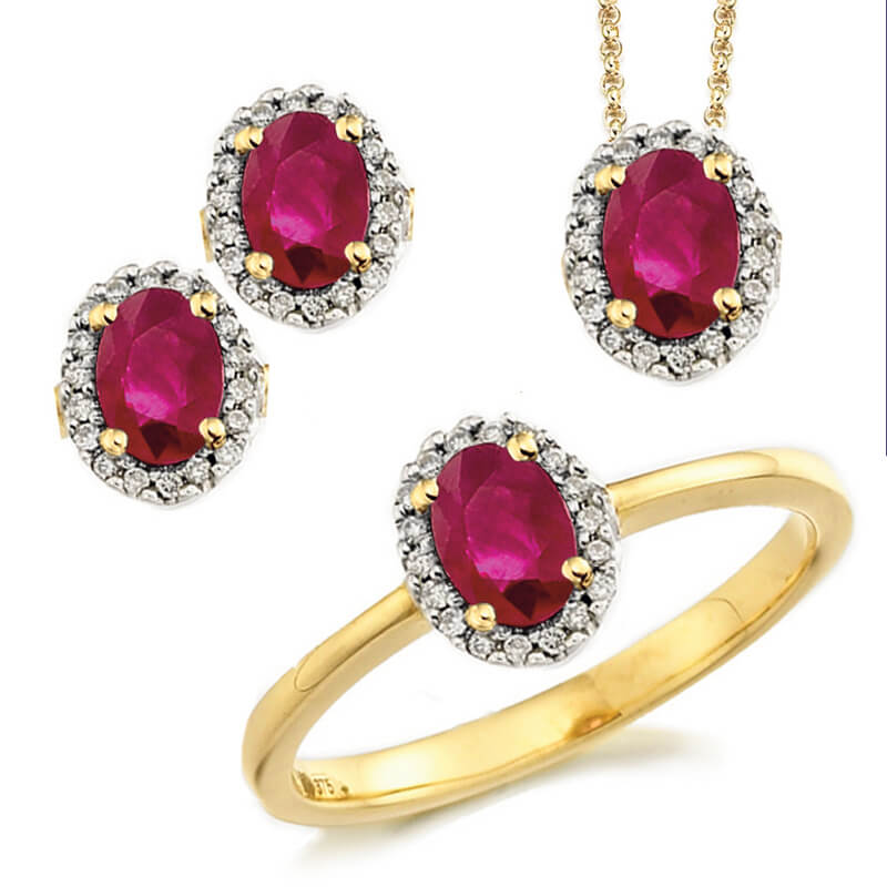 Jewellery suite of pendant, earrings and ring in yellow gold with gemstones