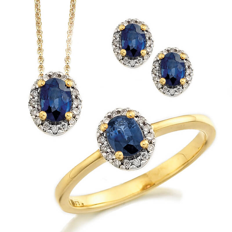 Jewellery suite of pendant, earrings and ring in yellow gold with gemstones