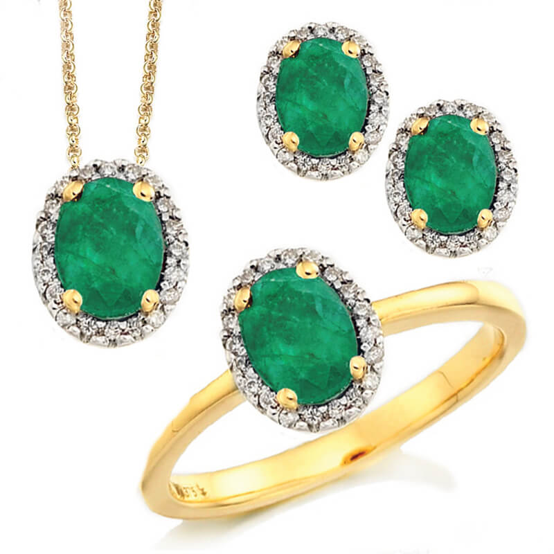Jewellery suite of pendant, earrings and ring in yellow gold with gemstones