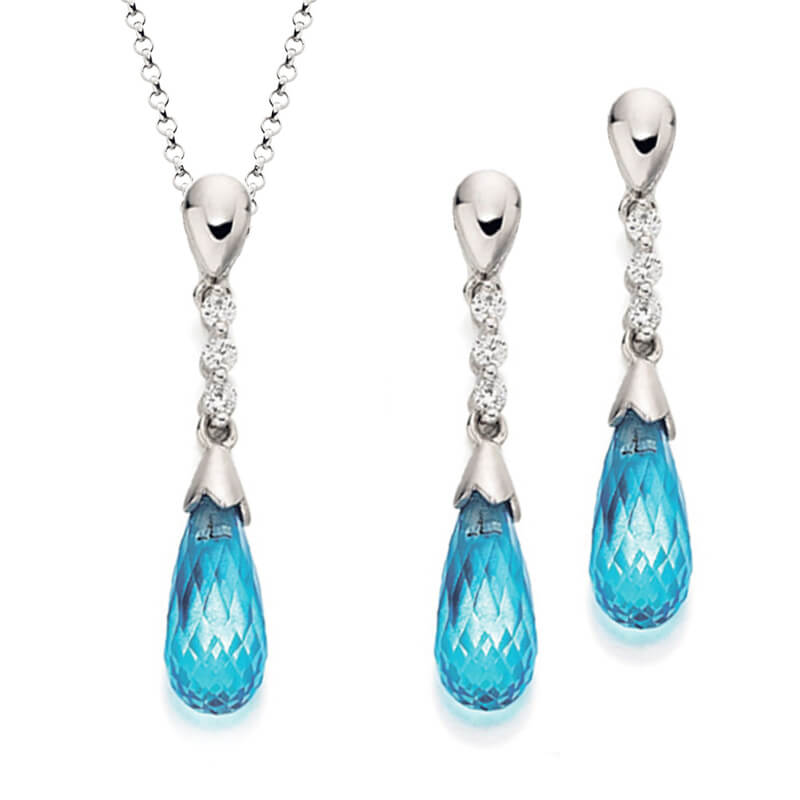 Jewellery suite of pendant and earrings in white gold with gemstones