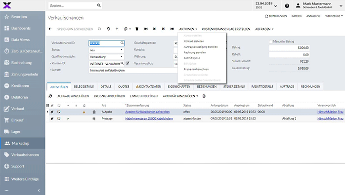 lexbizz ERP – CRM Verkaufschancen: Auftrag generieren