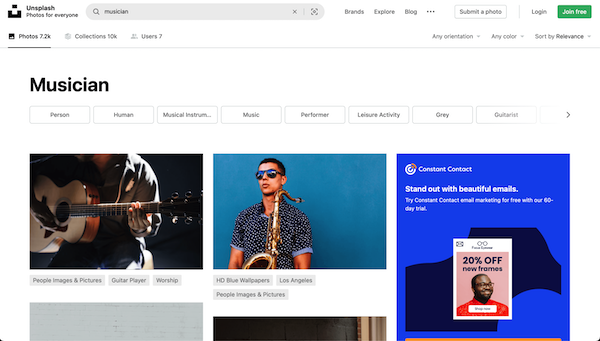 Screenshot of Unsplash musician search result