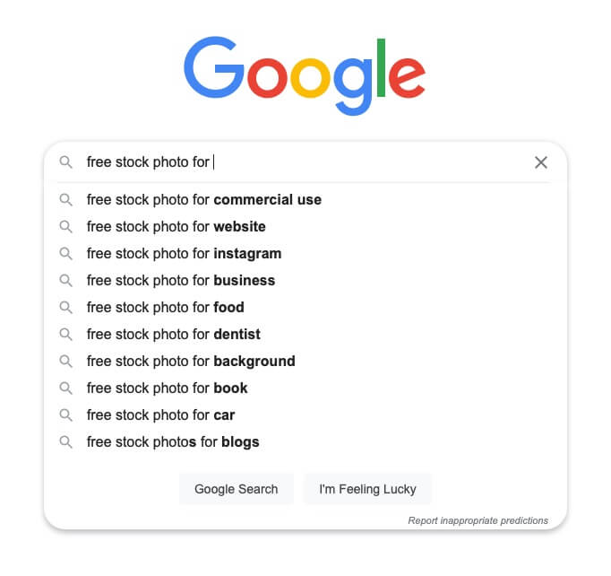 Free Stock Photo for Commercial Use search popup on Google