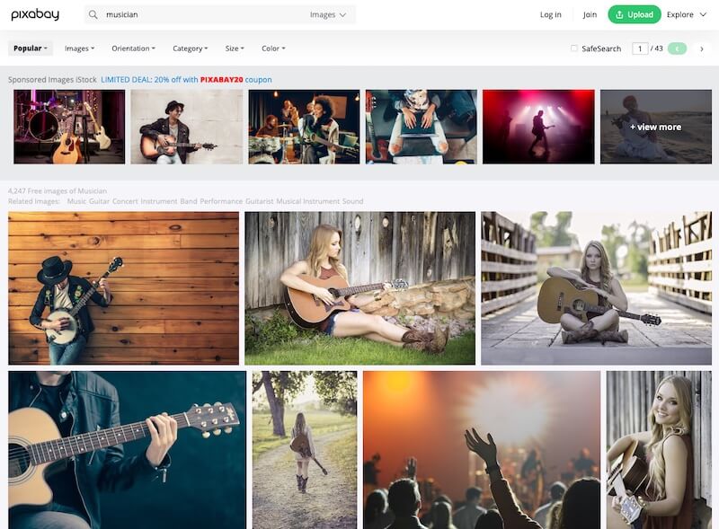 Screenshot of Pixabay search results for musician