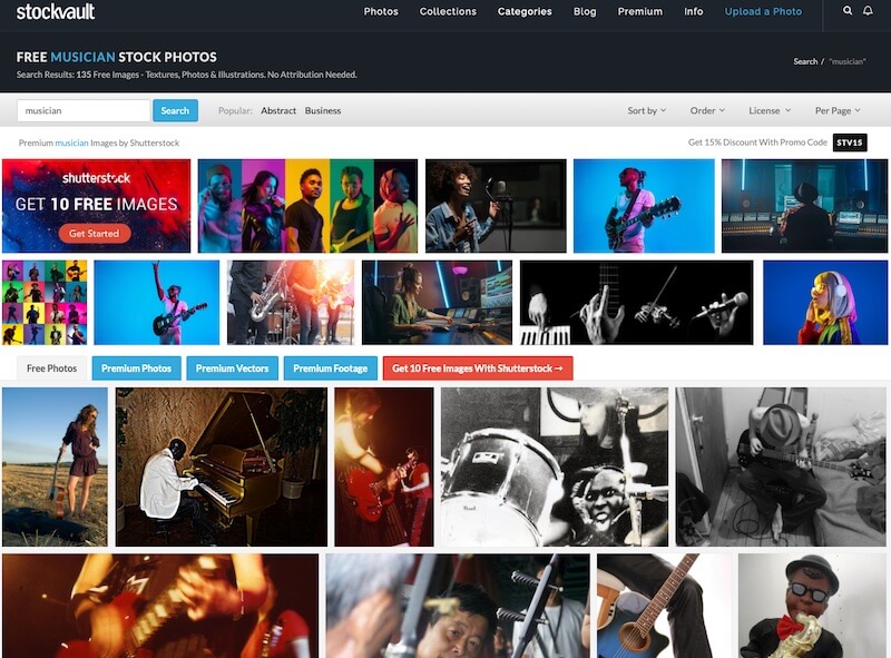 Screenshot of Stockvault search results for "musician"