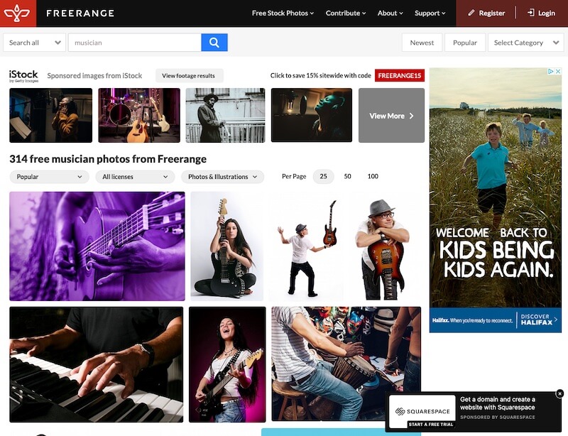 Screenshot of search results for "musician" on Freerange