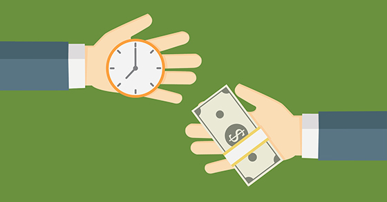 illustration of one hand with watch and another hand with money