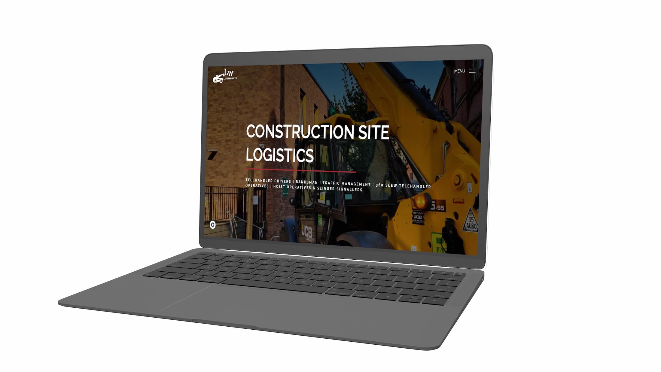 web developer mockup with lw liftings construction website on a laptop with screen open