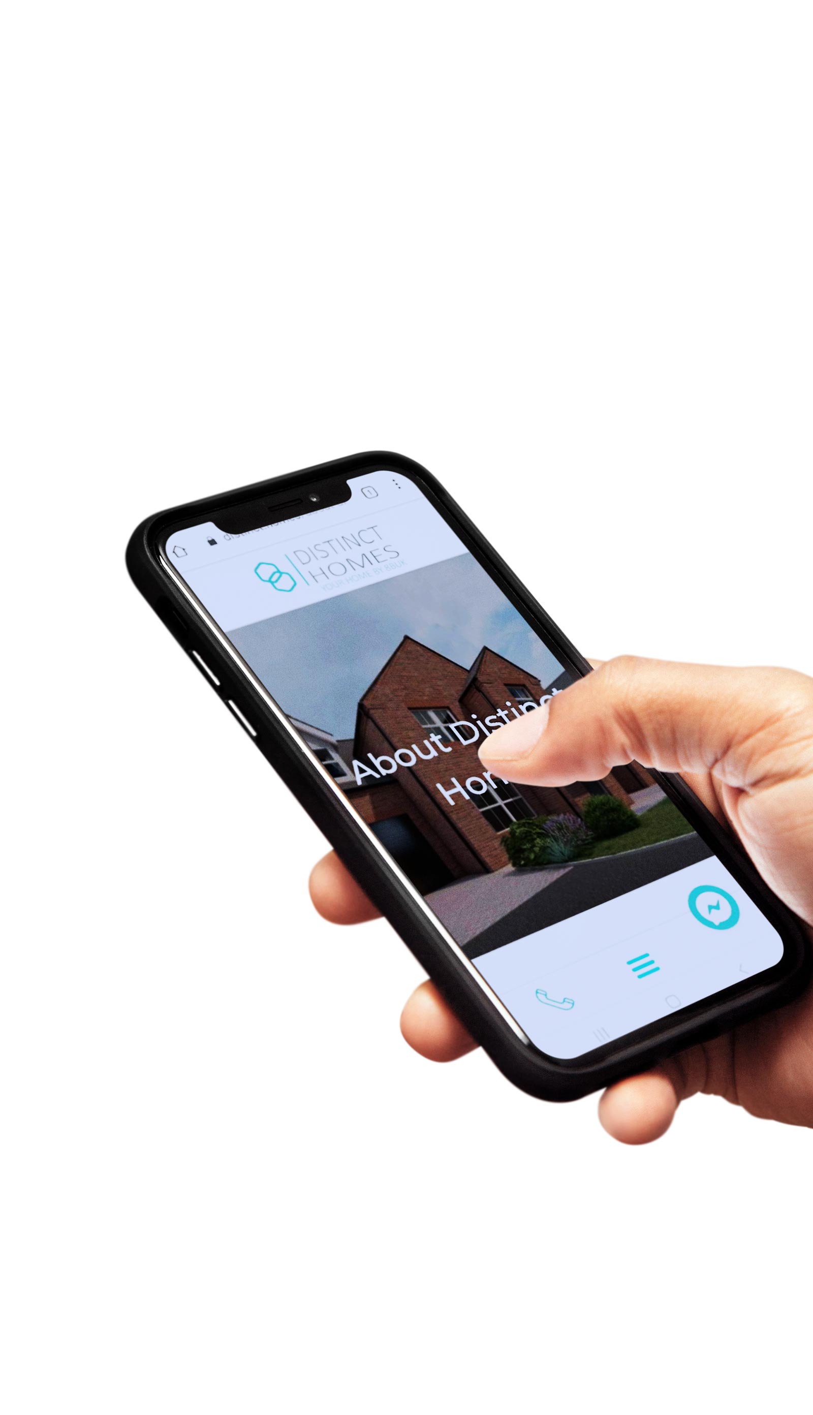 distinct homes mobile phone with their website design being held in a hand to show web designer