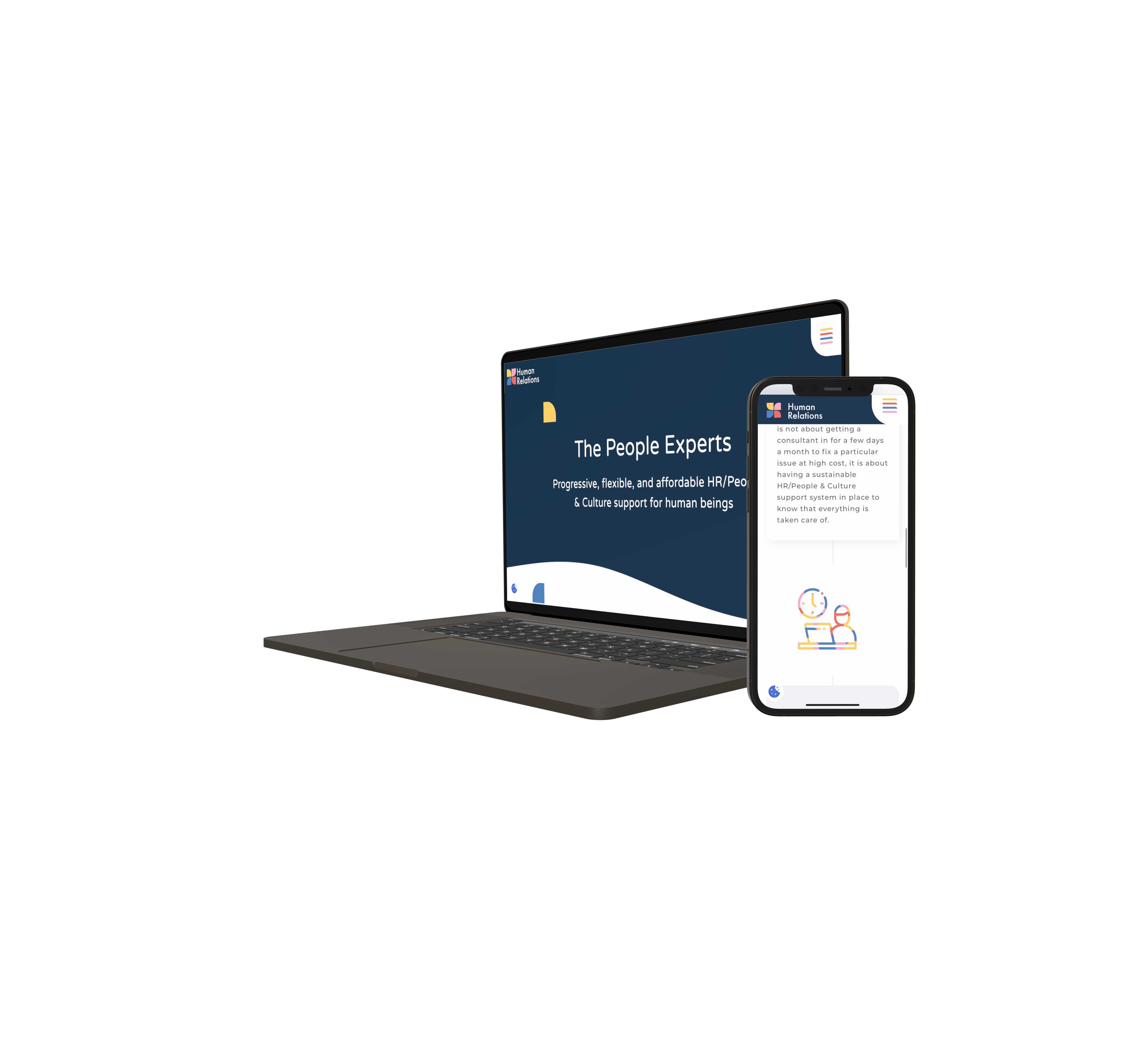 human relations responsive website design mockup showing on an iphone mocked up web design and laptop website