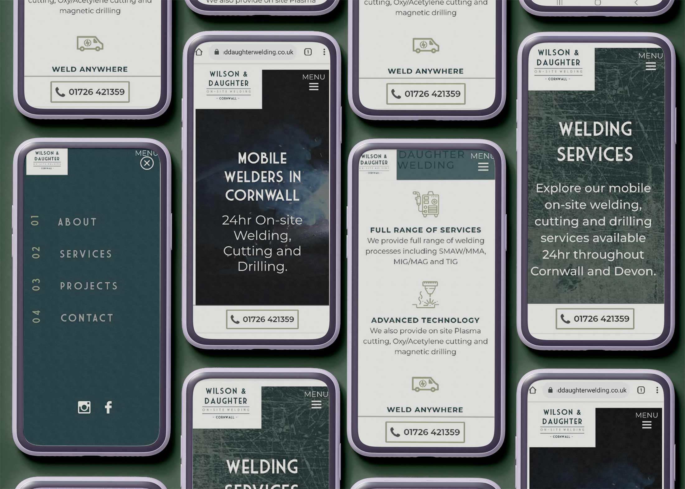new website shown on several mobile phones laid flat in square format