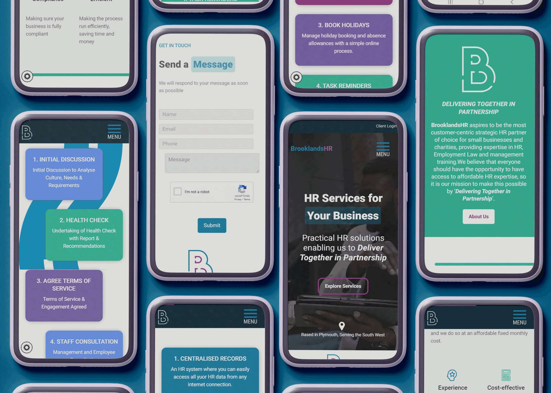 brooklands hr phone mockups laying flat showing web designs
