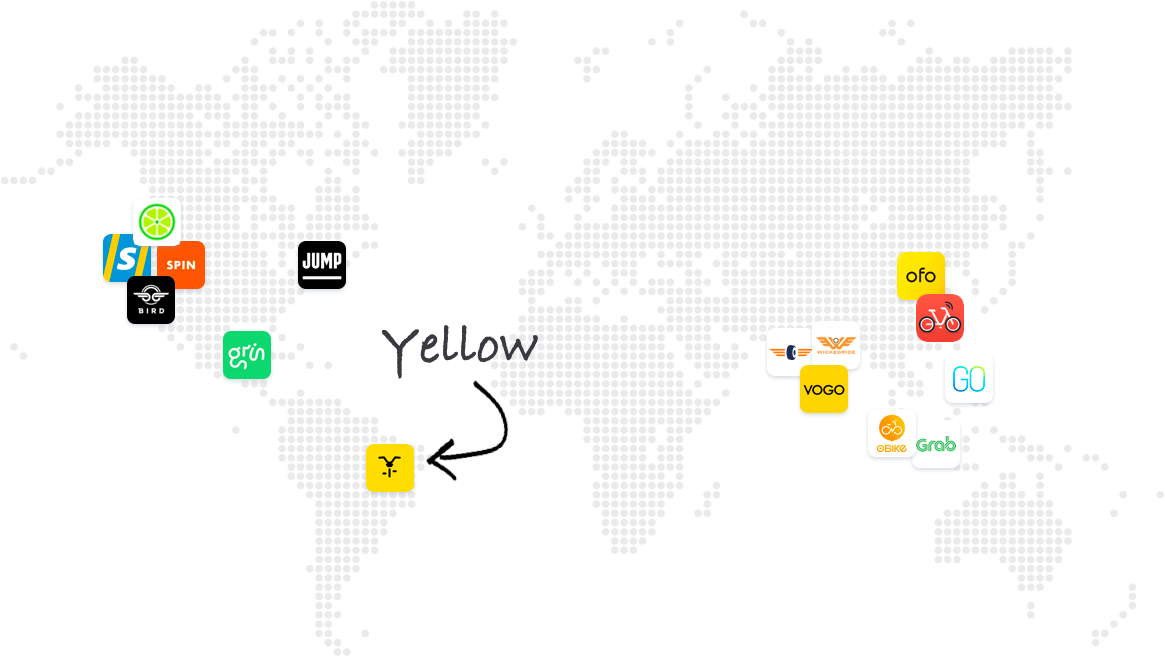 Map of e-scooter and mobility startups across the world, showing Yellow in Brazil