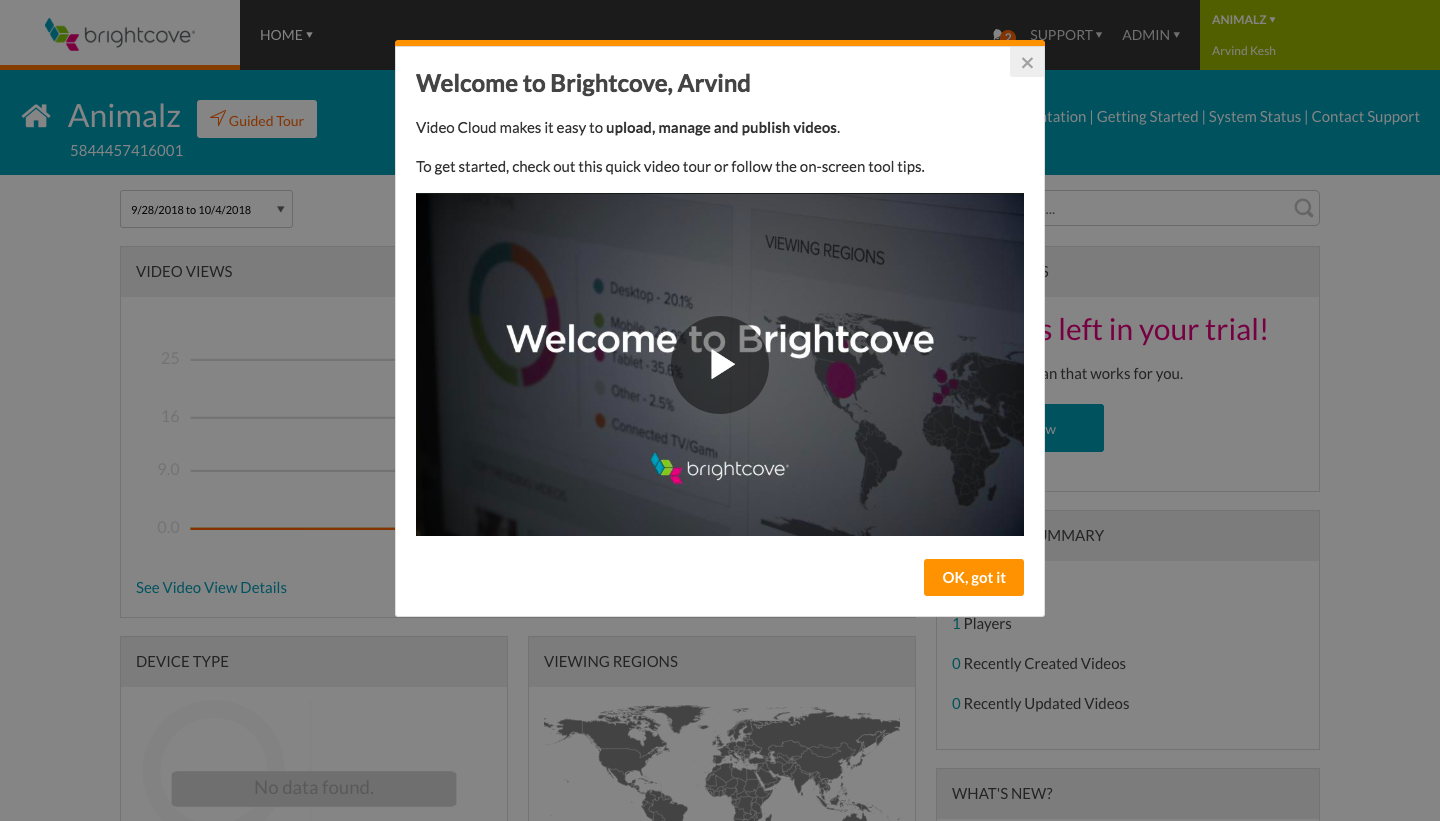 Brightcove's welcome modal is really good UX because it's a quick video.