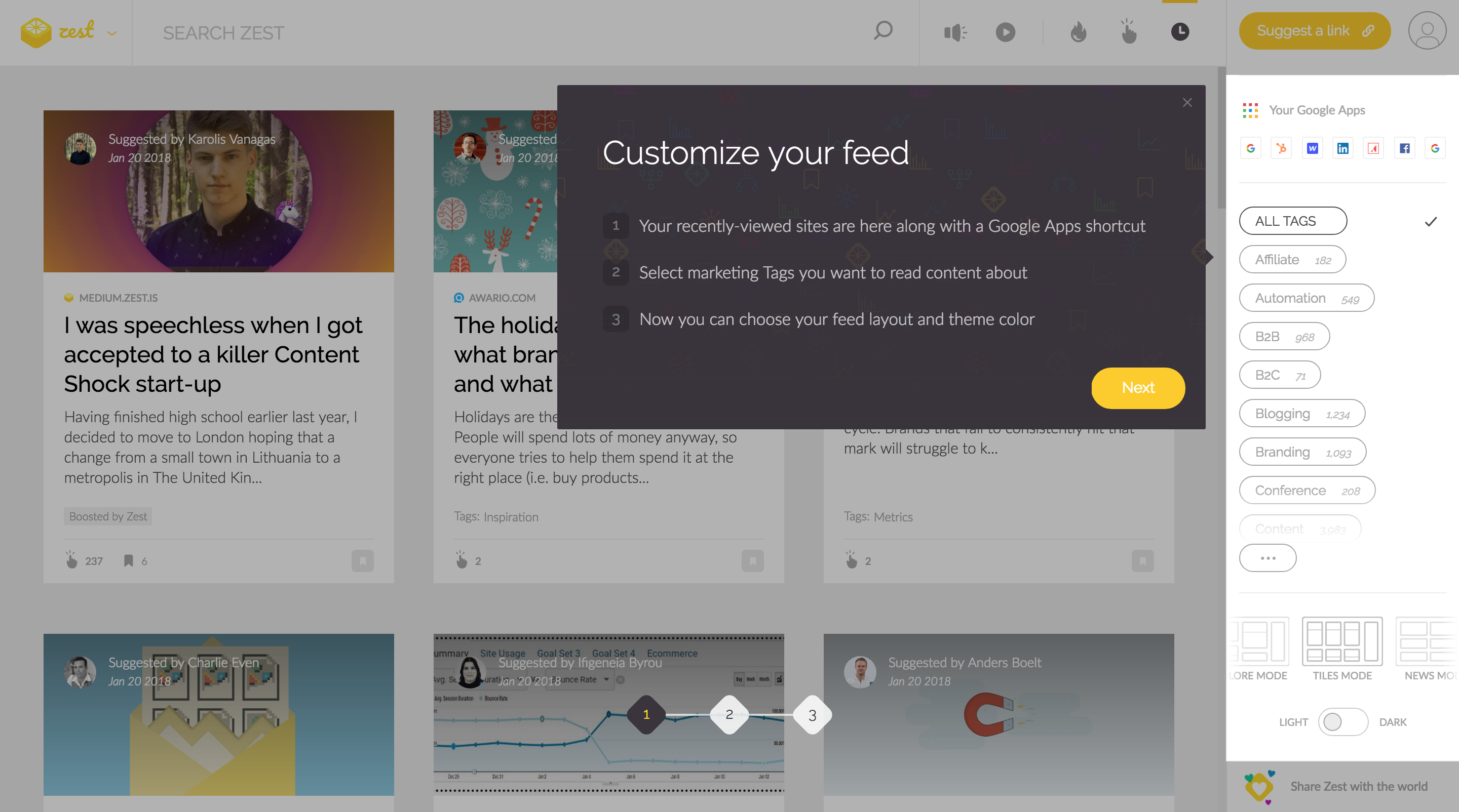 this is a screenshot of zest.is old user onboarding flow with a large tooltip and yellow CTA button