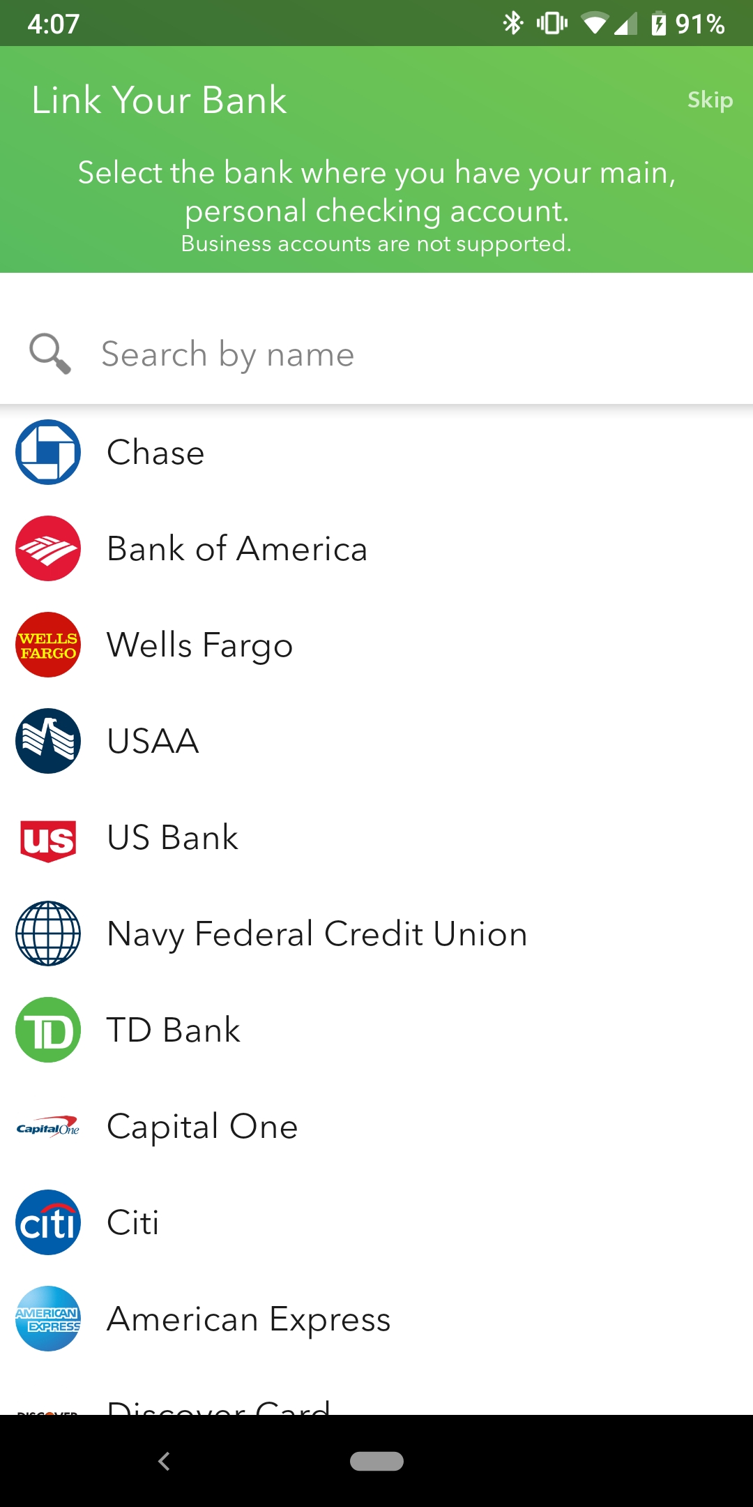 Acorn's second screen prompting users to link their bank