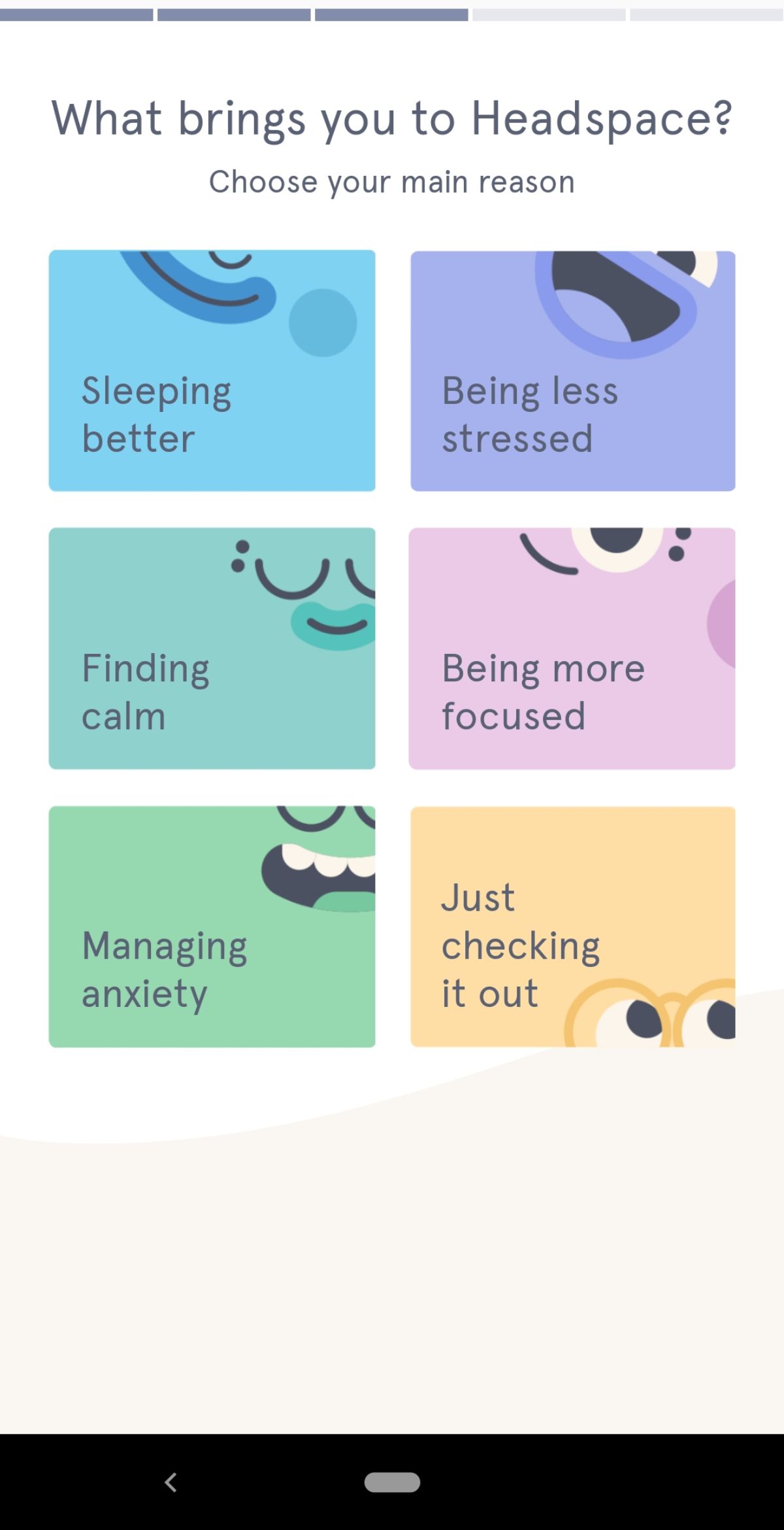 Headspace's second question in their mobile app onboarding flow: What brings you to headspace?